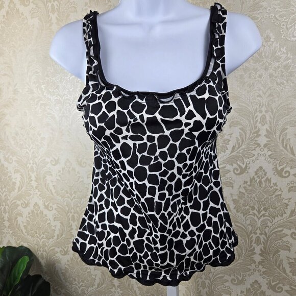 Slimshaper Size 8 Black White Print Tankini Top Ruffle at Neck and Hem - Picture 1 of 11